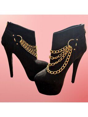 Y2K Black Platform Stiletto Booties Size 6 Gold Chains Faux Suede Club Heels